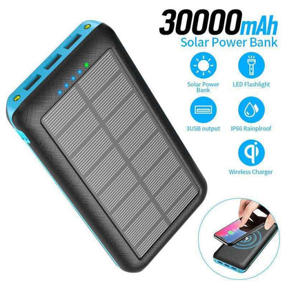 Black Mead's Supply & Equipment Outfitters 30000mAh solar power bank with three USB outputs for portable charging.