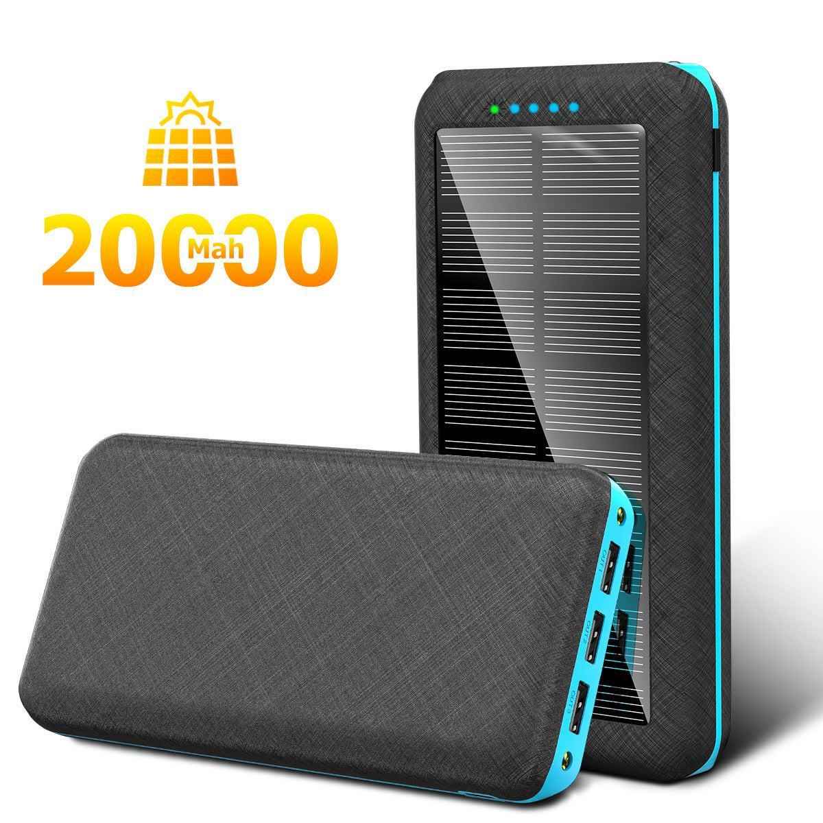 Black Mead's Supply & Equipment Outfitters 30000mAh solar power bank with three USB outputs for portable charging.