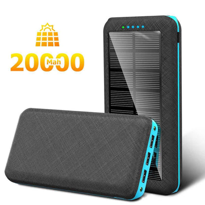 Black Mead's Supply & Equipment Outfitters 30000mAh solar power bank with three USB outputs for portable charging.