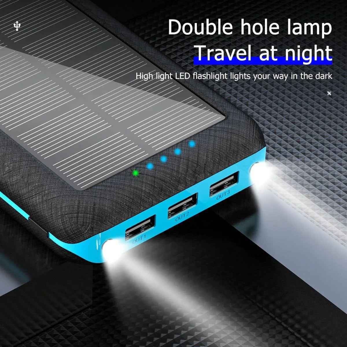 Black Mead's Supply 30000mAh solar power bank with three USB outputs for charging devices on the go.