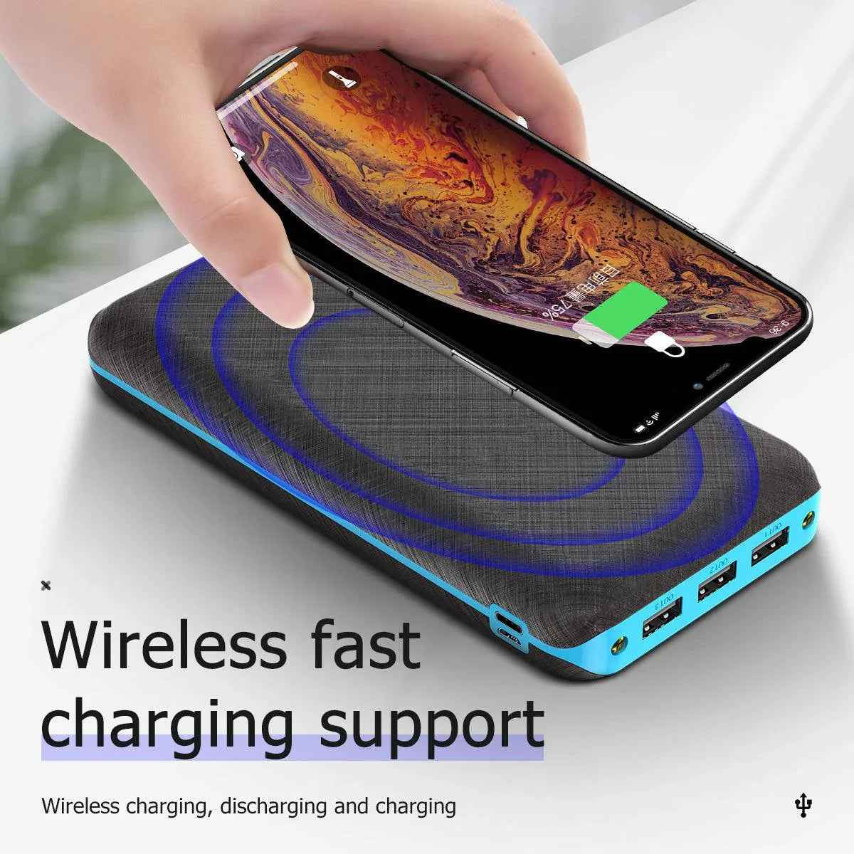 Black Mead's Supply 30000mAh solar power bank with three USB outputs for portable device charging.