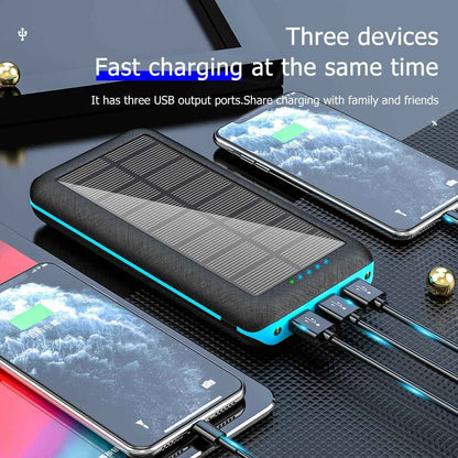 Mead's Supply & Equipment Outfitters black 30000mAh solar power bank with 3 USB outputs for portable charging.
