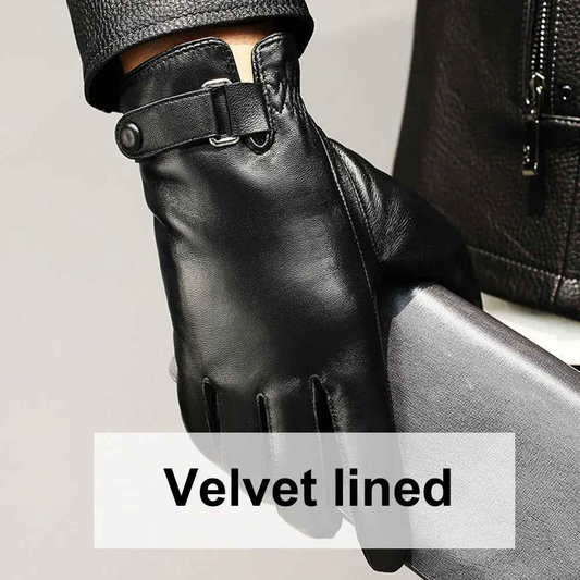 Black leather gloves with velvet lining from Mead's Supply & Equipment Outfitters, showcasing their durable, stylish design.