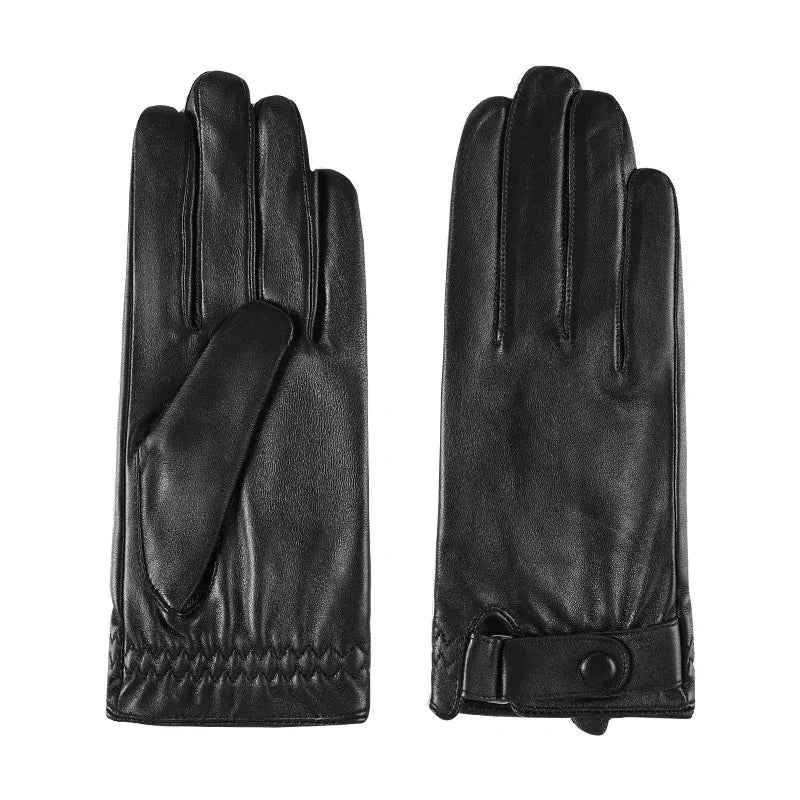 Black leather gloves lined with velvet from Mead's Supply & Equipment Outfitters, shown on a white background.