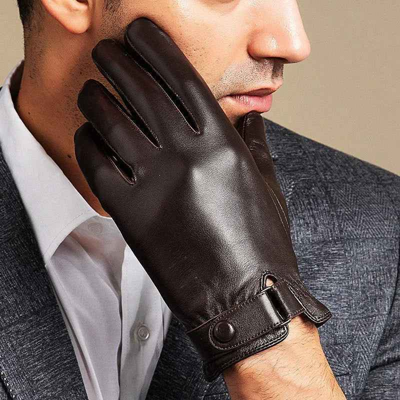 Black leather gloves with velvet lining from Mead's Supply & Equipment Outfitters, showing close-up of the stylish, durable gloves.