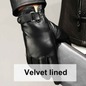Black leather gloves with velvet lining from Mead's Supply & Equipment Outfitters, designed for warmth and durability.