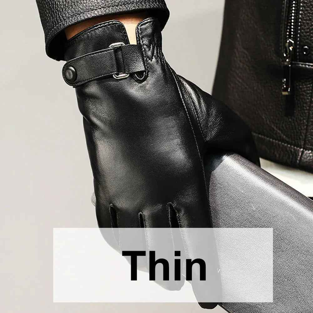 Black leather gloves lined with velvet from Mead's Supply & Equipment Outfitters, designed for warmth and durability.