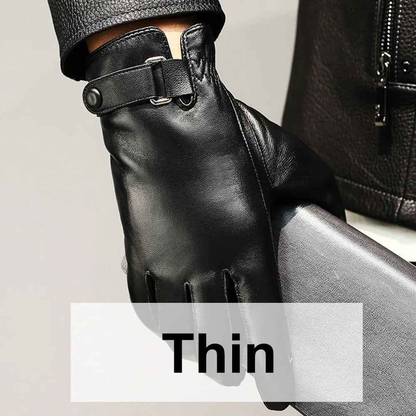 Black leather gloves lined with velvet from Mead's Supply & Equipment Outfitters, designed for warmth and durability.