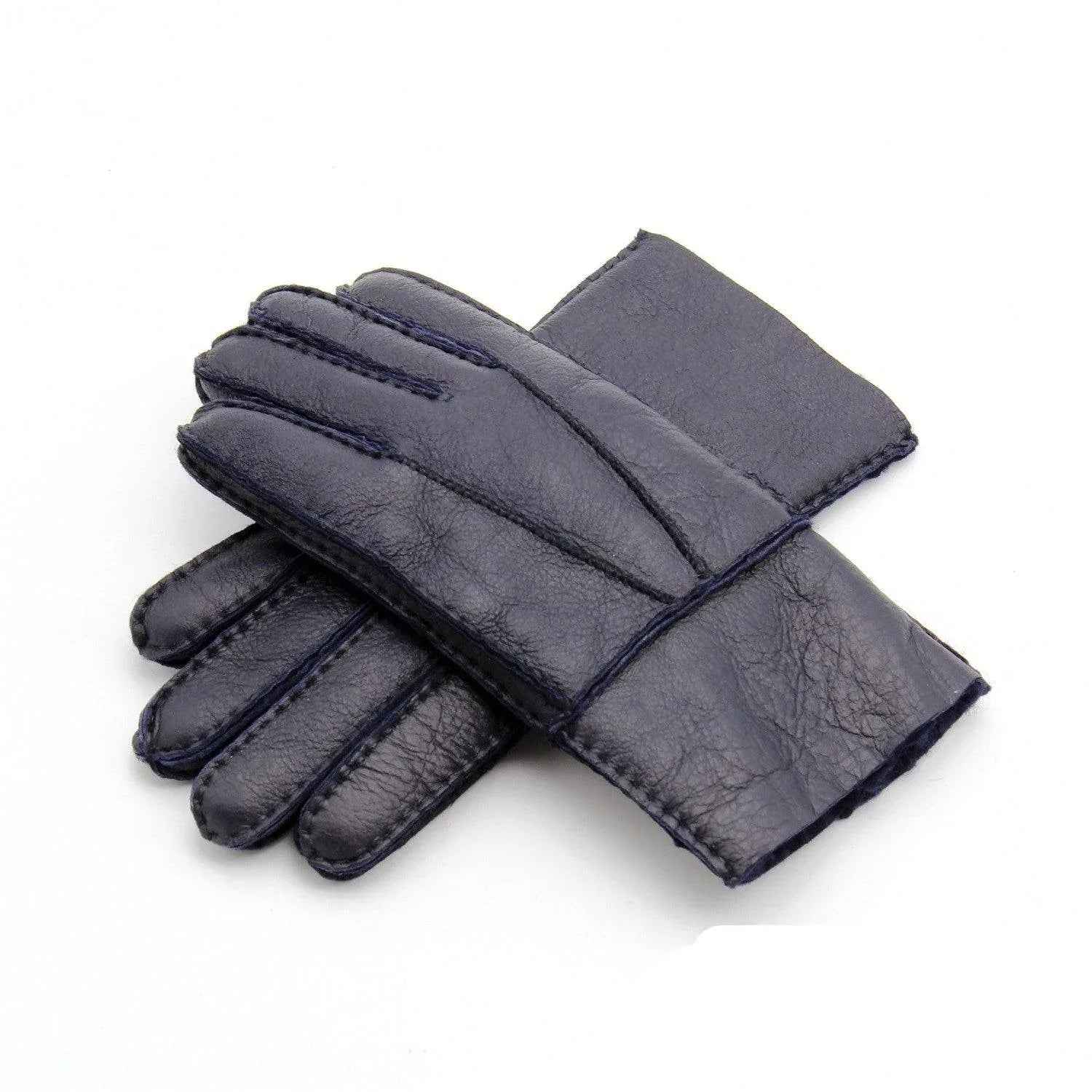 Blue genuine leather gloves with warm sheepskin lining for men, from Mead's Supply & Equipment Outfitters, one size.