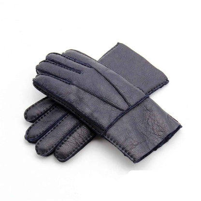 Blue genuine leather gloves with warm sheepskin lining for men, from Mead's Supply & Equipment Outfitters, one size.