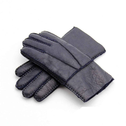 Blue genuine leather gloves with warm sheepskin lining for men, from Mead's Supply & Equipment Outfitters, one size.