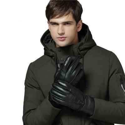 Blue genuine leather gloves with warm sheepskin lining for men, from Mead's Supply & Equipment Outfitters, one size fits most.