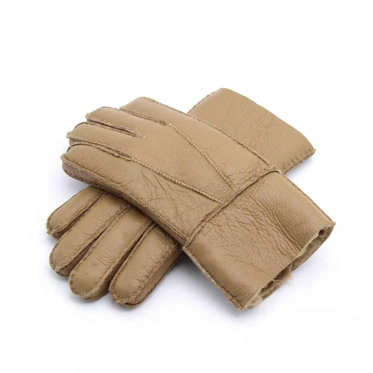 Blue genuine leather gloves with warm sheepskin lining for men, from Mead's Supply & Equipment Outfitters, one size fits all.
