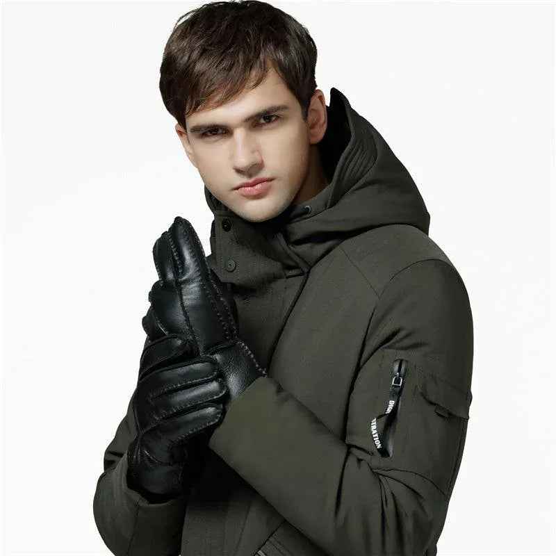 Blue genuine leather gloves with warm sheepskin lining for men, from Mead's Supply & Equipment Outfitters, one size.