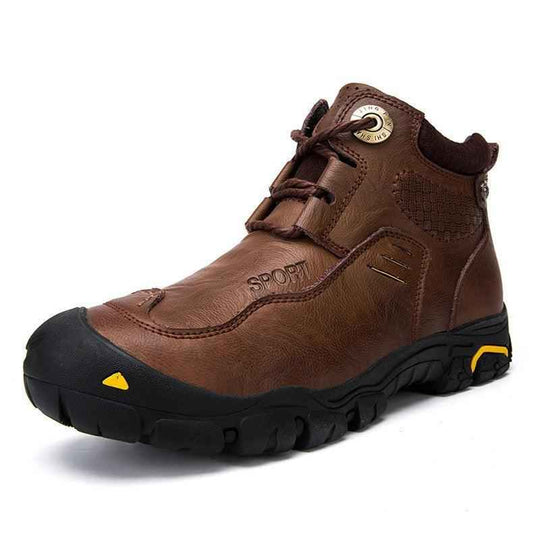 Brown leather high-top shoes by Mead's Supply & Equipment Outfitters Limited, featuring sturdy design and ankle support.