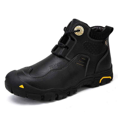 Brown leather high-top shoes by Mead's Supply & Equipment Outfitters, showing a close-up of the stylish footwear.