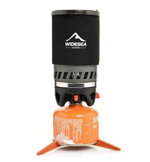 Portable camping coffee maker set with 0.9L French press and integrated gas stove from Mead's Supply & Equipment Outfitters.