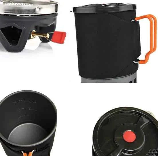 Portable camping coffee maker set by Mead's Supply, includes 0.9L French press and integrated gas stove for outdoor brewing.