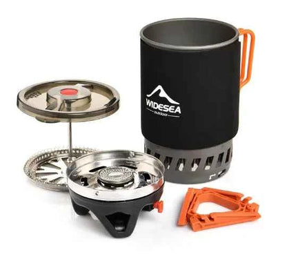 Portable camping coffee maker set with 0.9L French press and integrated gas stove system from Mead's Supply & Equipment Outfitters.
