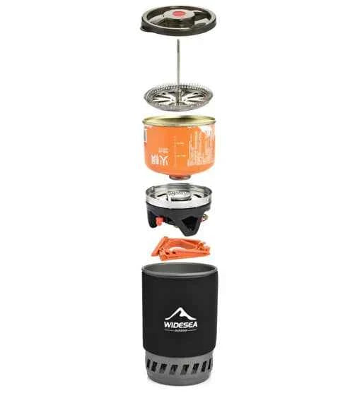Portable camping coffee maker set with 0.9L French press and integrated gas stove from Mead's Supply & Equipment Outfitters.