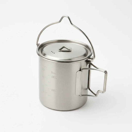 750ml stainless steel camp cook pot with lid and hanging hook, fire and gas compatible, from Mead's Supply & Equipment Outfitters.