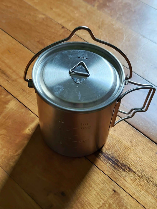 750ml stainless steel camp cook pot with lid and hanging hook, Fire and Gas compatible, by Mead's Supply & Equipment Outfitters