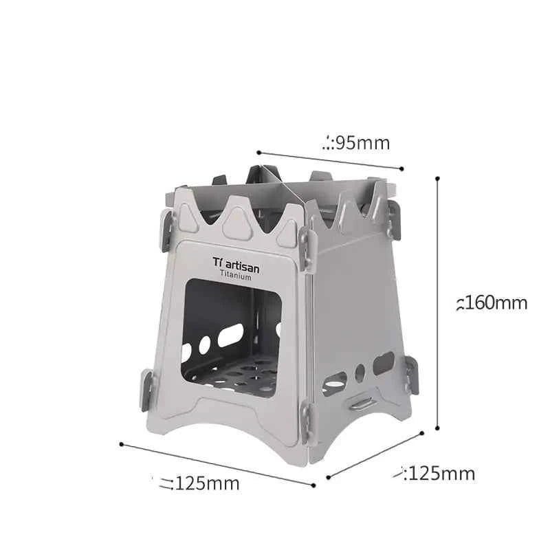 Widesea portable camping wood stove by Mead's Supply & Equipment, foldable outdoor camping and hiking cook stove for outdoor cooking.