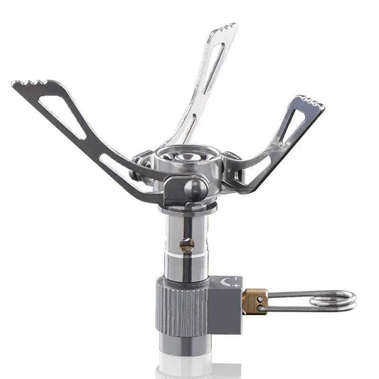 Mead's Supply & Equipment Outfitters stainless steel folding camping gas stove, ultra-light portable backpacking burner for outdoor cooking.