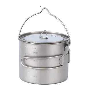 Mead's Supply & Equipment Outfitters 2L titanium camping cookware pot with folding design and two handles for outdoor cooking.
