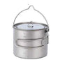 Mead's Supply & Equipment Outfitters 2L titanium camping cookware pot with folding design and two handles for outdoor cooking.