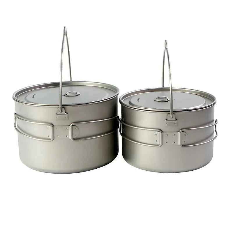 Folding thickened camping pot with two handles, made of titanium, from Mead's Supply & Equipment Outfitters for outdoor cooking.