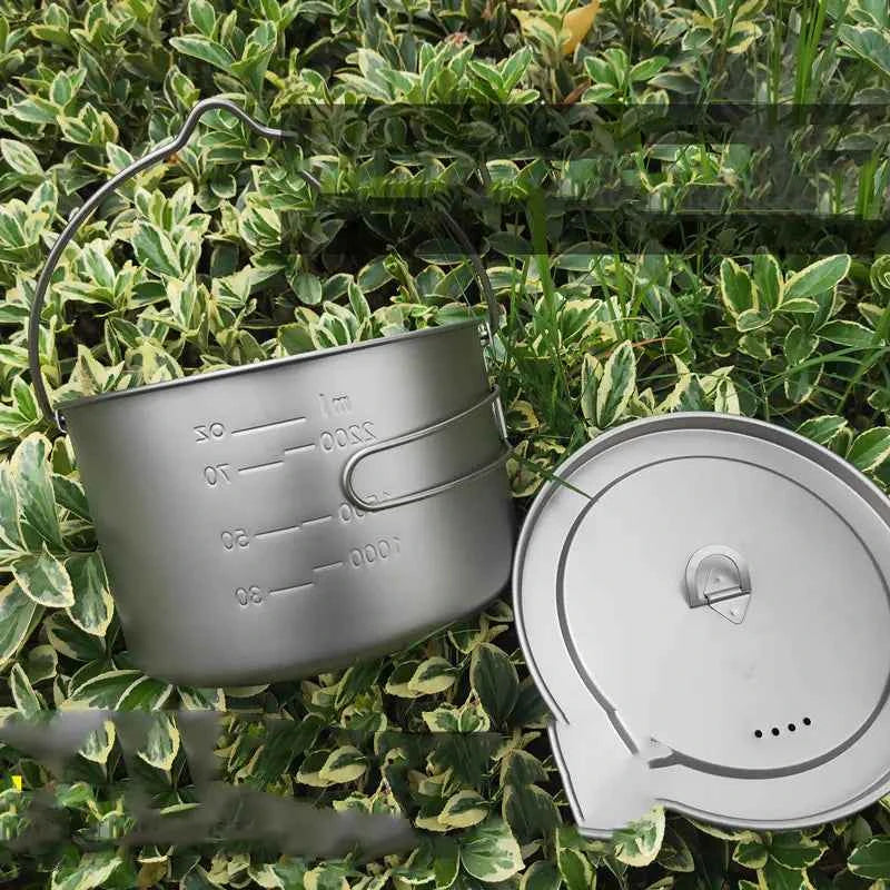 Folding thickened camping pot with two handles, made of titanium, by Mead's Supply & Equipment Outfitters for outdoor cookware.