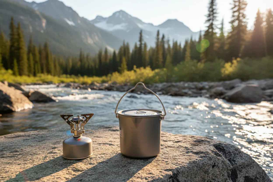 Titanium camping cookware pot with 750ml capacity from MSE Outfitters, lightweight ultralight camp cookware for outdoor cooking.