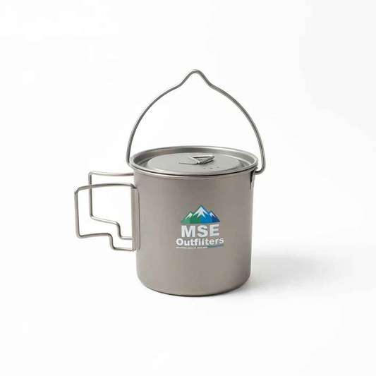 Titanium camping cookware pot by Mead's Supply & Equipment Outfitters, 750ml ultralight camp cooking pot with handles.
