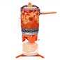 FireMaple outdoor heat-exchange camping pot, 1L capacity, with thermal cover, ideal for backpacking and efficient outdoor cooking.