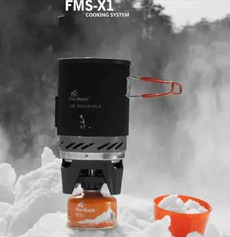 FireMaple outdoor heat-exchange camping pot, 1L capacity with thermal cover, lightweight backpacking cookware from Mead's Supply.