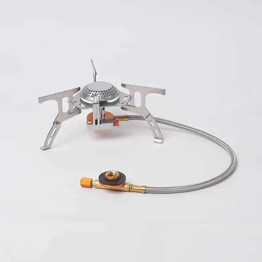 Portable butane camping stove by Mead's Supply & Equipment, 3500W stainless steel foldable burner for lightweight outdoor cooking.