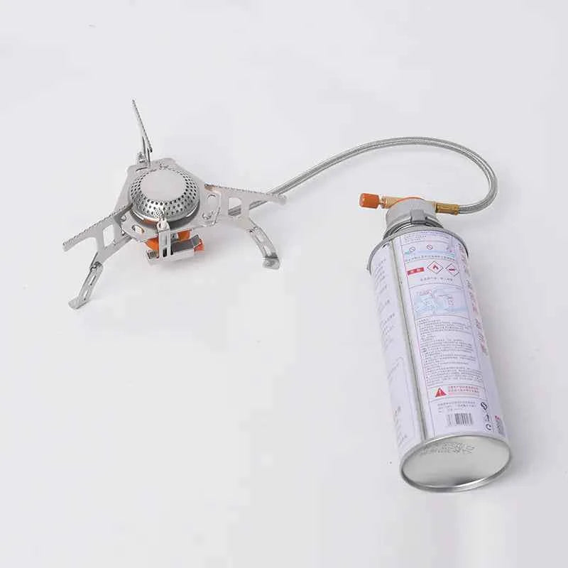 Portable butane camping stove by Mead's Supply & Equipment, 3500W stainless steel foldable burner for outdoor cooking.