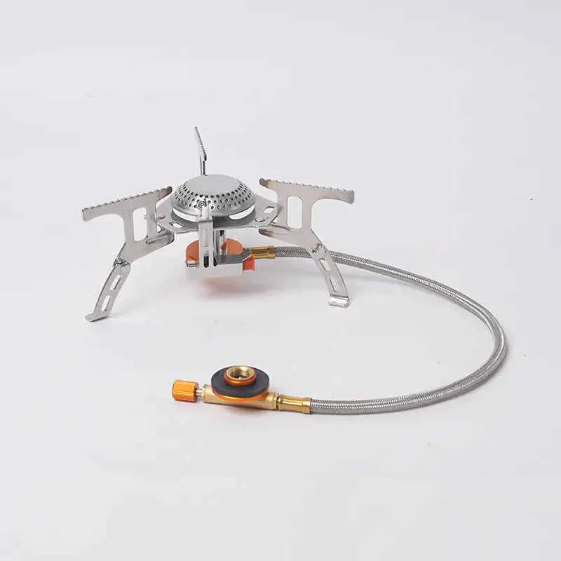 Portable Mead's Supply & Equipment stainless steel camping stove with foldable 3500W butane burner for outdoor cooking.