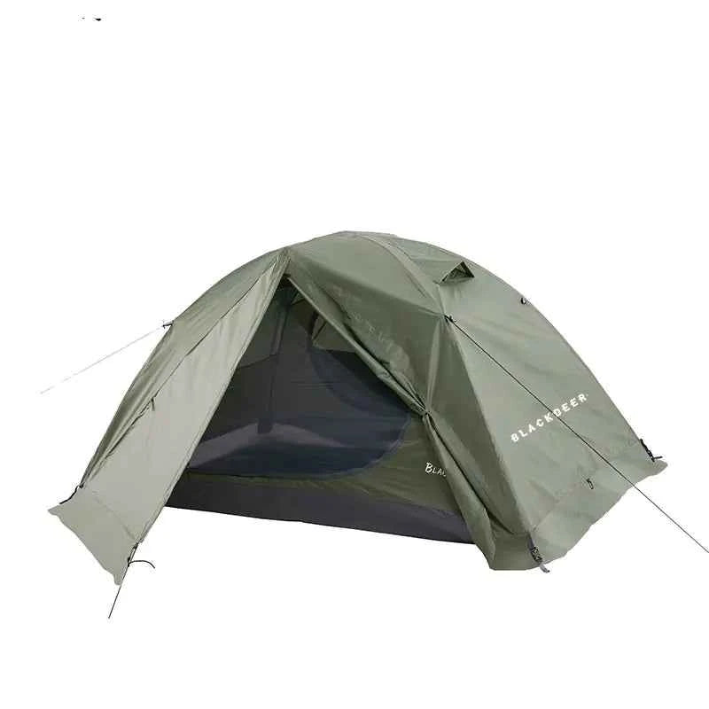BlackDeer double-layer camping tent by Mead's Supply, waterproof 2-3 person shelter with aluminum poles for 3-4 season camping.