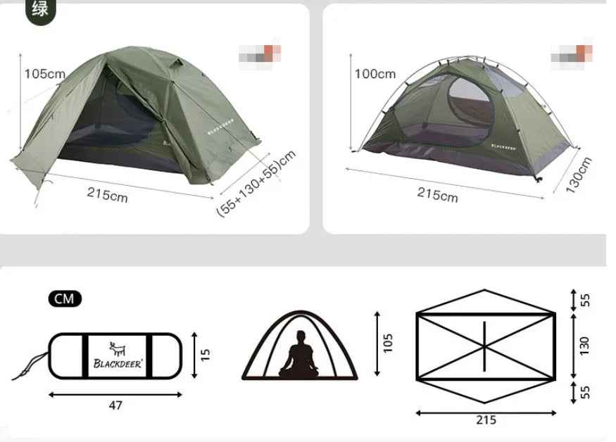 BlackDeer double layer camping tent by Mead's Supply, waterproof 2-3 person shelter with aluminum poles, suitable for 3-4 seasons.