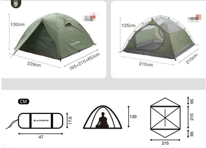 BlackDeer double-layer camping tent by Mead's Supply & Equipment for 2-3 people, waterproof, with aluminum poles, suitable for 3-4 seasons.