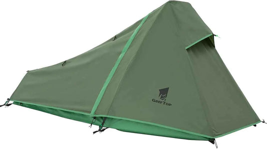 Mead's Supply & Equipment Outfitters waterproof pyramid tent in army green, designed for single-person outdoor camping shelter.