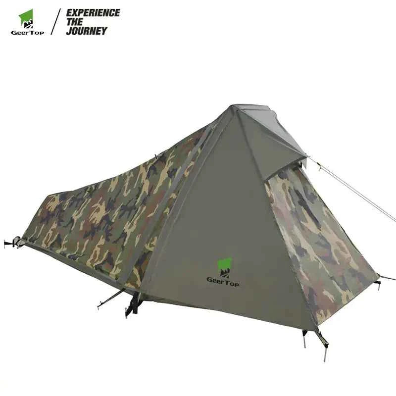 Mead's Supply waterproof pyramid tent in army green, lightweight single-person camping shelter ideal for outdoor adventures.