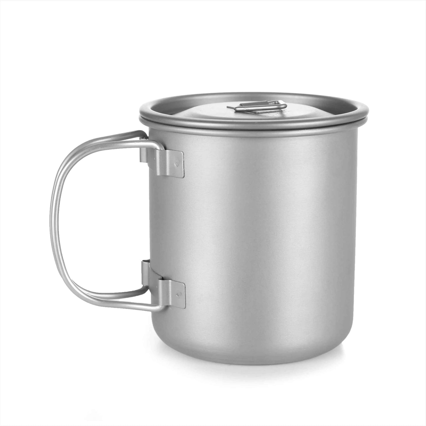 Titanium folding camping cup with lid, ultralight collapsible travel mug for outdoor camping and hiking by Mead's Supply & Equipment.