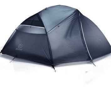 Black four-season camping tent for 2-3 persons with aluminum poles and waterproof double-layer design by Mead's Supply & Equipment.