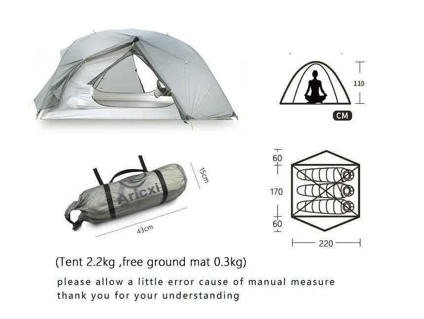 Black four-season camping tent with double layer design, aluminum poles, waterproof fabric, suitable for 2-3 persons, by Mead's Supply.
