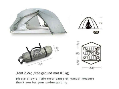 Black four-season camping tent with double layer design, aluminum poles, waterproof fabric, suitable for 2-3 persons, by Mead's Supply.