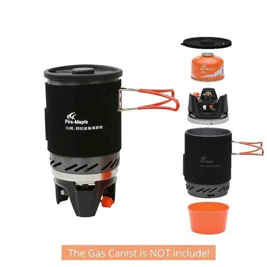 Black compact propane camping stove by Mead's Supply, fast boil portable cooker ideal for hiking and outdoor camping for 1-2 people.