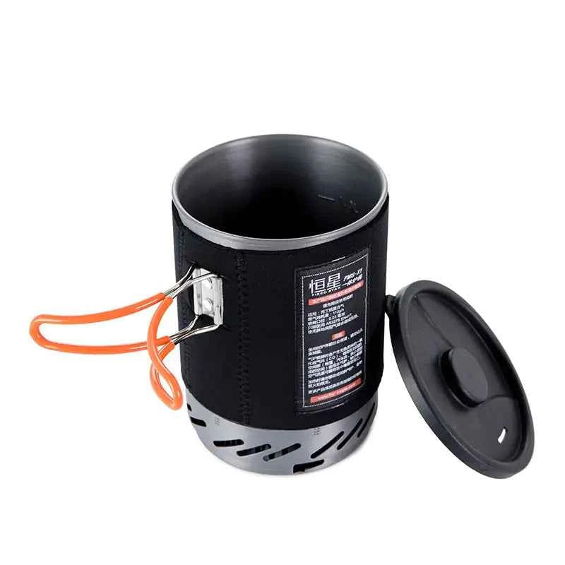 Black compact propane camping stove by Mead's Supply & Equipment, ideal for fast boiling and outdoor cooking for 1-2 people.